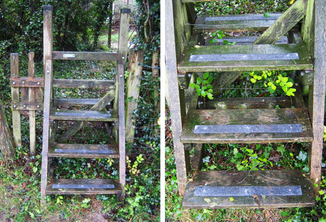 Slippery treads on stiles and steps have been a problem, particularly where deep in a hedgerow with overhanging trees. Anti-slip step strips were fixed to these slippery stiles. Images © Tom Meekings. Anti-slip decking strips on slippery timber country stiles walkways pathways.
