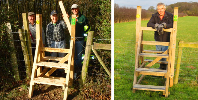 The Monday Group are volunteers that maintain rights of way in the Sussex countryside. Images © Tom Meekings. Non-slip strips applied to new stile.