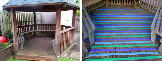 Before & after - the School slippery wooden areas made safe with fine grit, Anti Slip Decking Strips. Before & after - the School slippery wooden areas made safe with fine grit, Anti Slip Decking Strips.