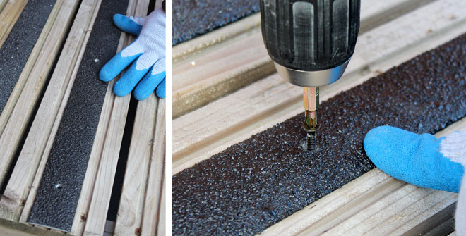 2. Position decking strip and screw to your decking or step surface. Position decking strip and screw to your decking or step surface.