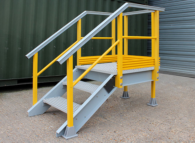 Custom made, GRP stair access platforms are designed for roof walkways, chemical bund access... Custom made, GRP stair access platforms are designed for roof walkways, chemical bund access...