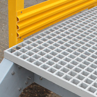 Platforms can be manufactured with grating stairs, landings, safety handrails and kick plates. GRP platforms can be manufactured with grating stairs, landings, safety handrails and kick plates.