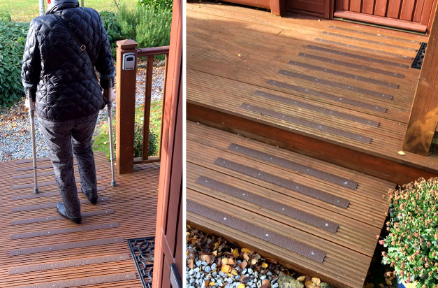 Non-slip decking strips keep you safe on decking entrances. Non-slip decking strips keep you safe on decking entrances.