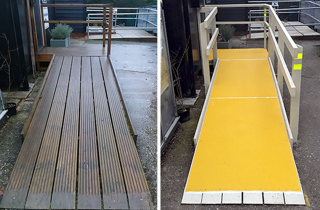Before and after installation of anti-slip floor sheets. Before and after installation of anti-slip floor sheets.