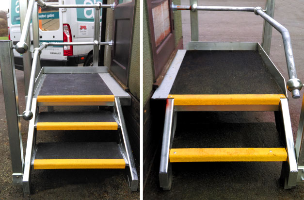 Door access platforms with anti-slip stair treads and landing covers. Door access platforms with anti-slip stair treads and landing covers.