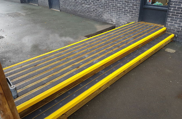 Anti-slip stair nosing for access ramp platforms. Anti-slip stair nosing for access ramp platforms.