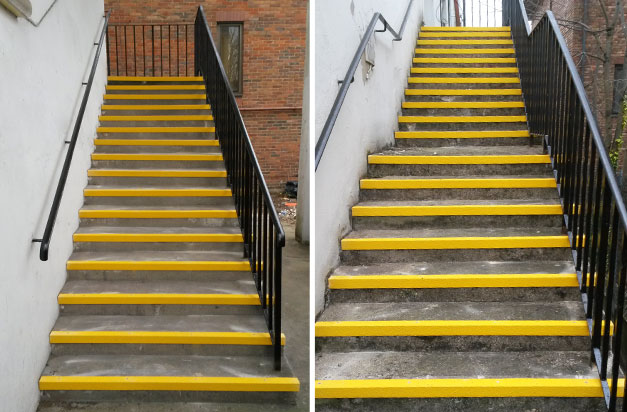 Yellow anti-slip stair nosings provide contrast, highlighting the step edge. Yellow anti-slip stair nosings provide contrast, highlighting the step edge.