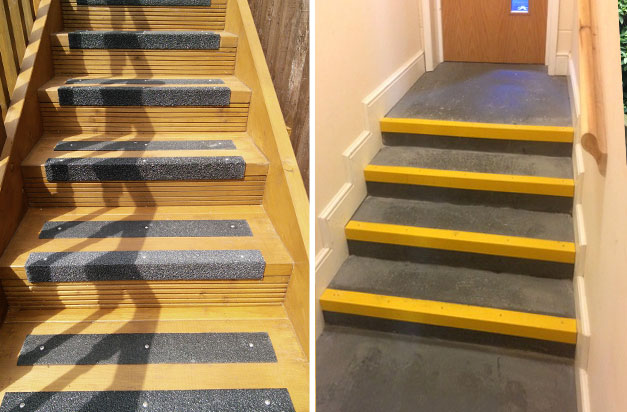 Left: black anti-slip nosing and decking strips. Right: stair nosing installed on internal steps where foot and occasional sack barrow traffic was continually wearing and damaging the painted yellow edges. Left: black anti-slip nosing and decking strips. Right: stair nosing installed on internal steps where foot and occasional sack barrow traffic was continually wearing and damaging the painted yellow edges.