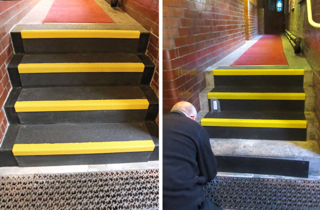 Anti-slip stair treads installed on crumbling church steps, made safe for members with visual impairment. Anti-slip stair treads installed on crumbling church steps, made safe for members with visual impairment.