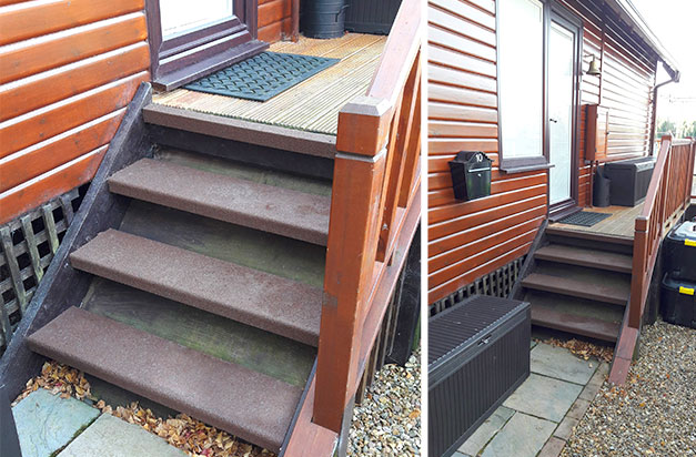 Brown anti slip stair treads for wooden lodge doorway steps platform. Brown anti slip stair treads for wooden lodge doorway steps platform.